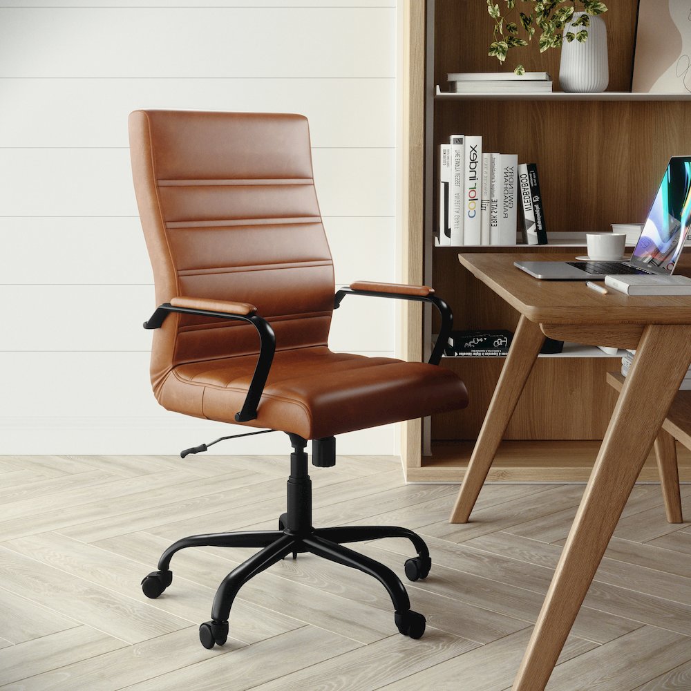 High Back Brown Executive Swivel Office Chair with Black Frame and Arms