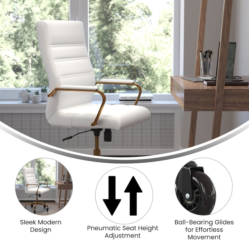 High Back White Executive Swivel Office Chair with Gold Frame