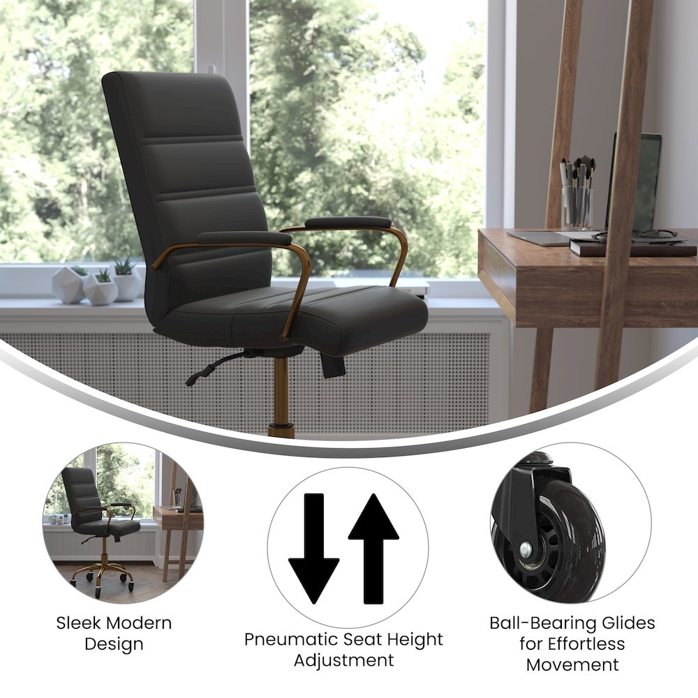 Mid-Back Black Executive Swivel Office Chair with Gold Frame