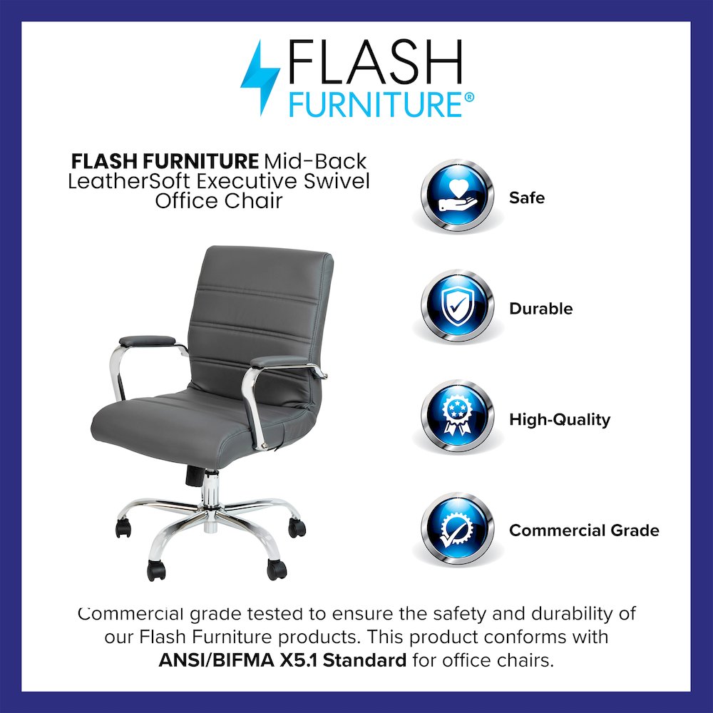 Mid-Back Gray Executive Swivel Office Chair with Chrome Frame and Arms