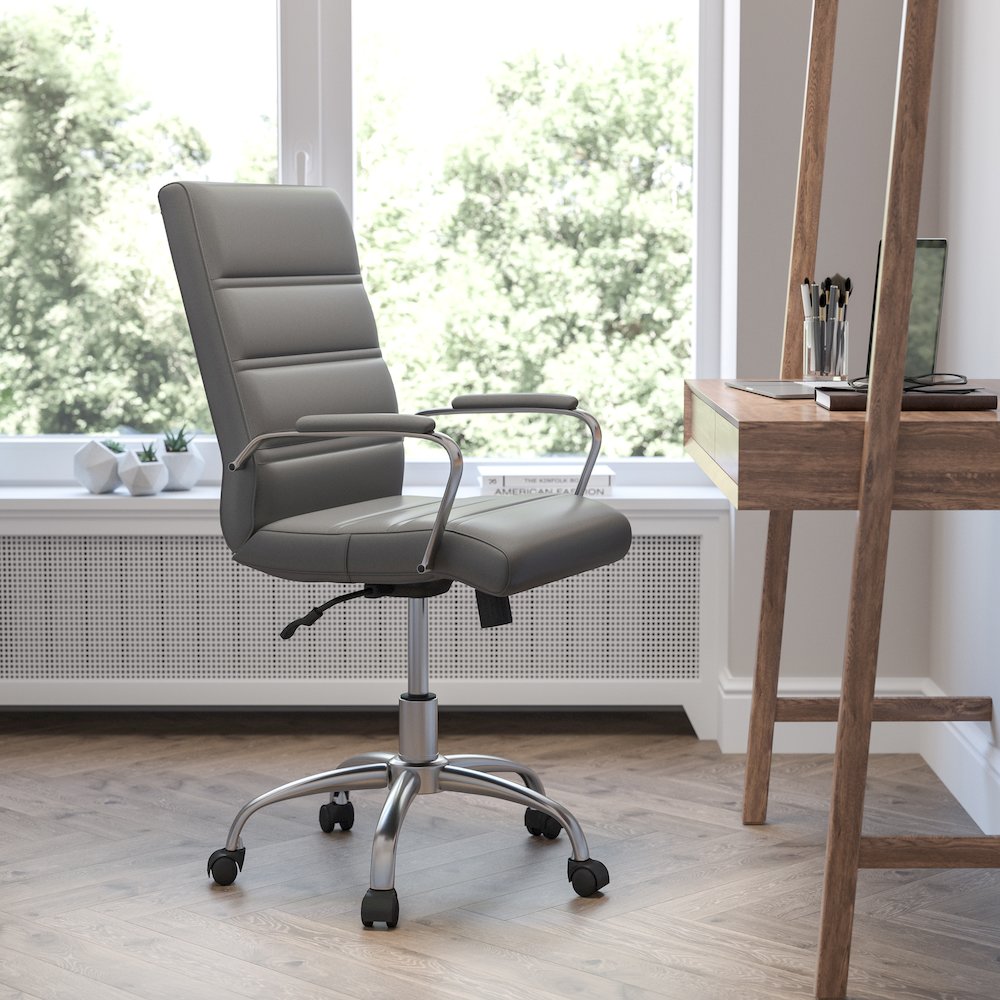 Mid-Back Gray Executive Swivel Office Chair with Chrome Frame and Arms