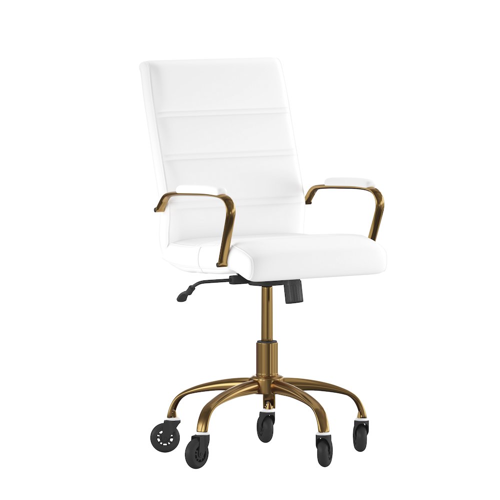 Mid-Back White Executive Swivel Office Chair with Gold Frame