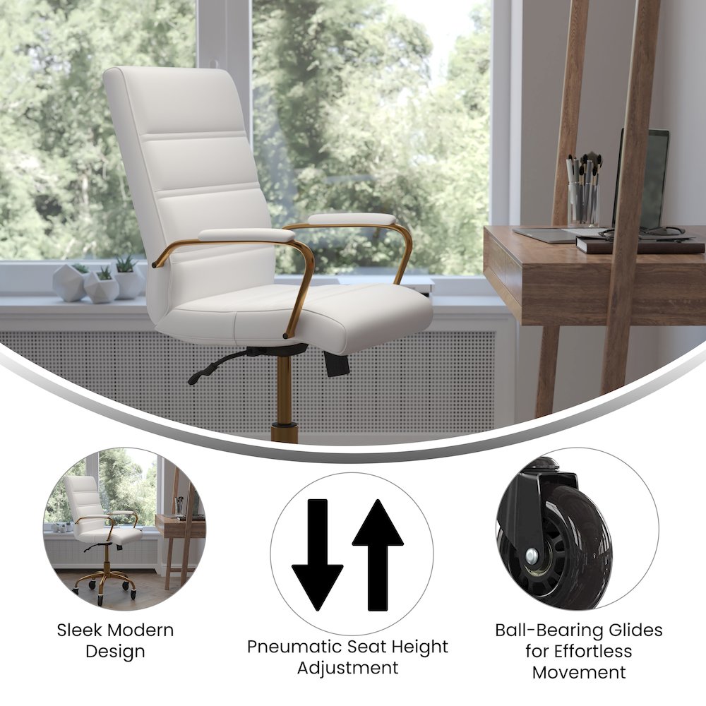 Mid-Back White Executive Swivel Office Chair with Gold Frame