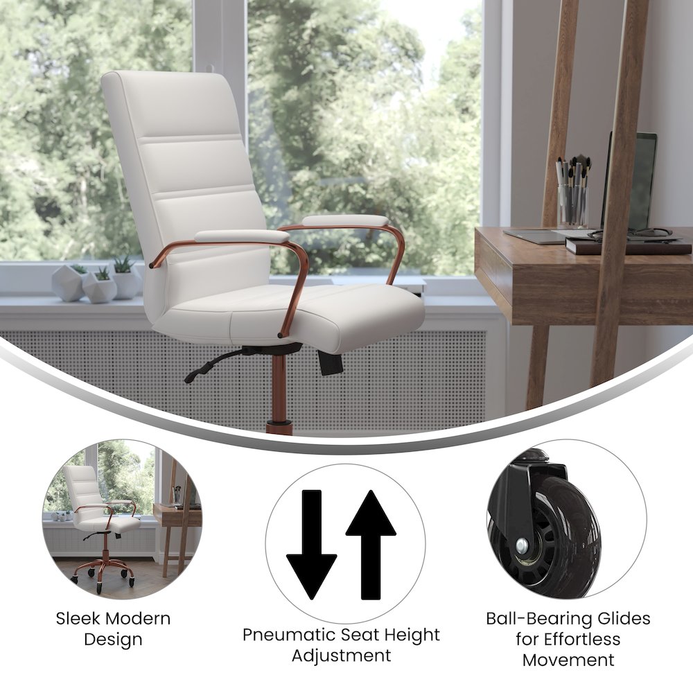 Mid-Back White Executive Swivel Office Chair with Rose Gold Frame