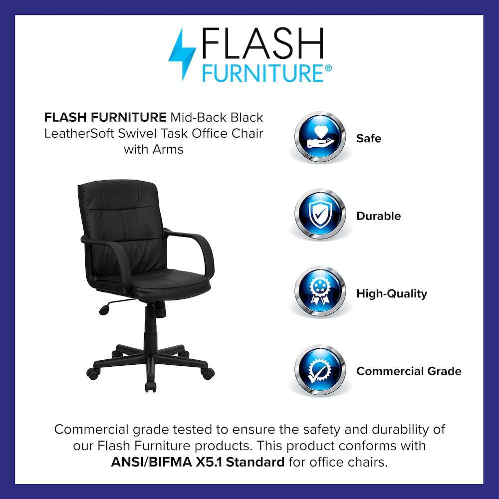 Mid-Back Black LeatherSoft Swivel Task Office Chair with Arms