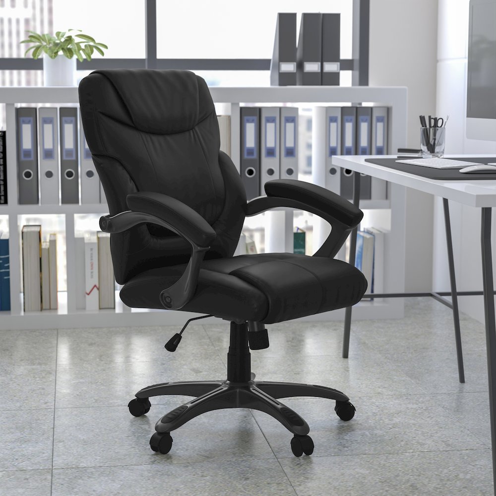 Mid-Back Black Overstuffed Swivel Task Ergonomic Office Chair with Arms