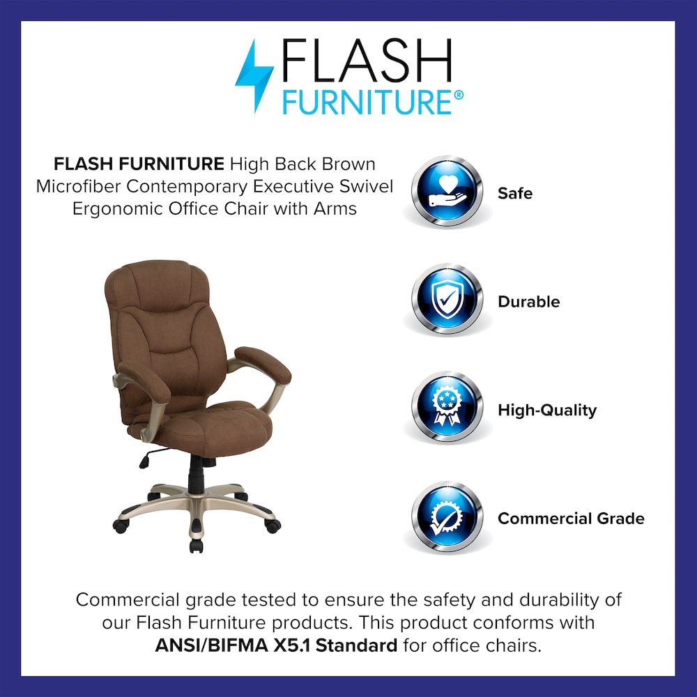 High Back Brown Microfiber Contemporary Executive Swivel Office Chair with Arms