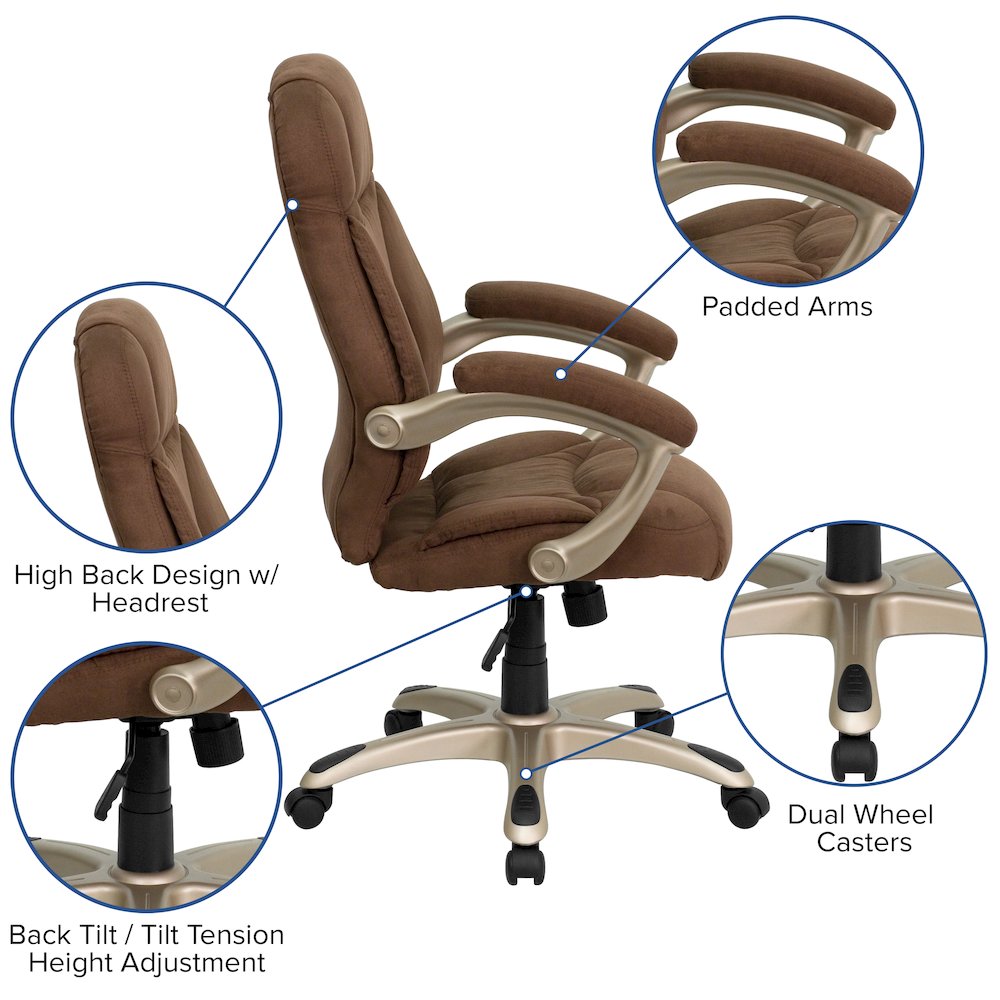 High Back Brown Microfiber Contemporary Executive Swivel Office Chair with Arms