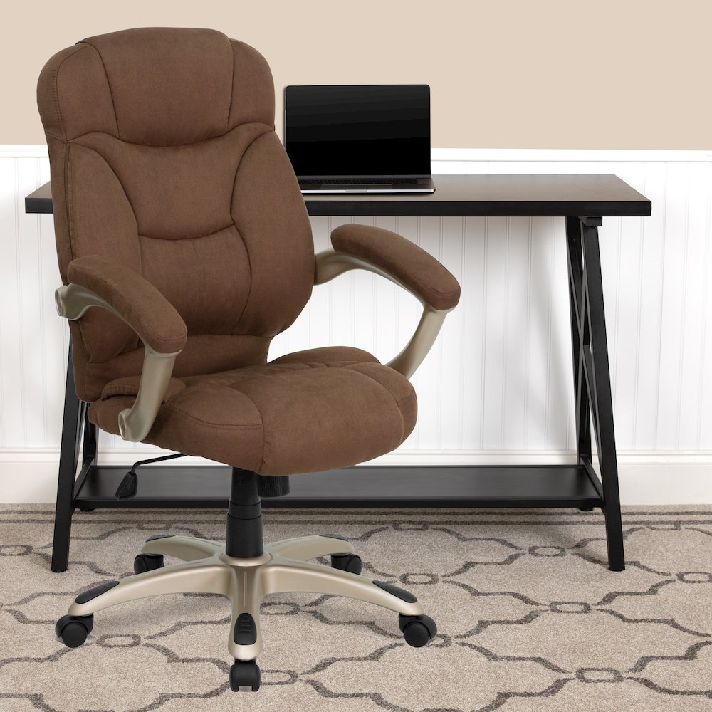 High Back Brown Microfiber Contemporary Executive Swivel Office Chair with Arms