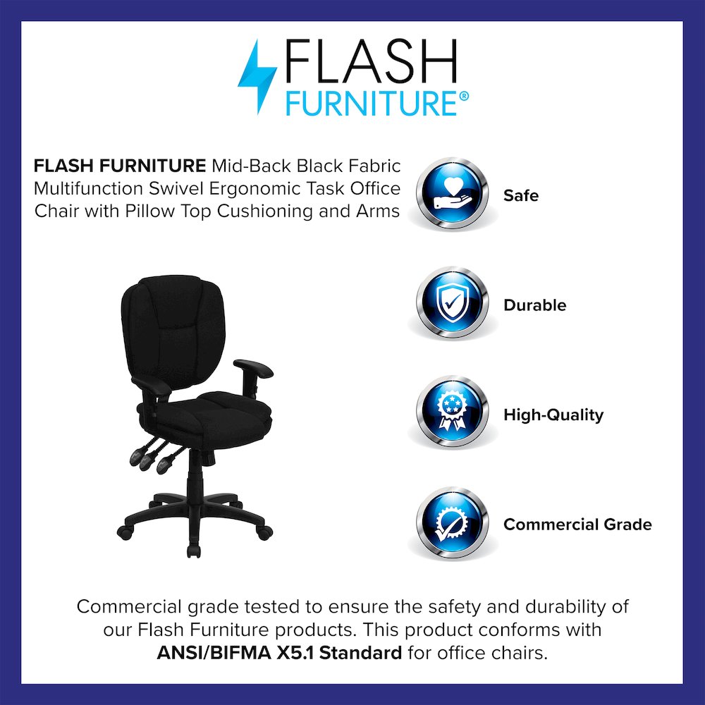Mid-Back Black Fabric Multifunction Swivel Task Office Chair and Arms