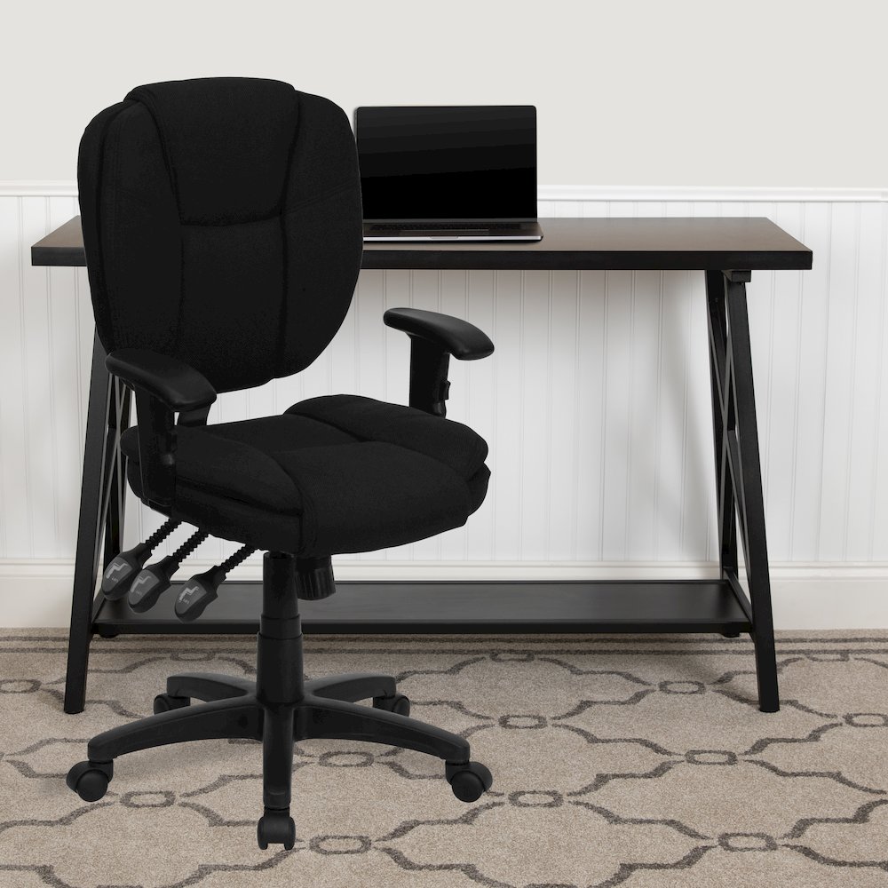 Mid-Back Black Fabric Multifunction Swivel Task Office Chair and Arms