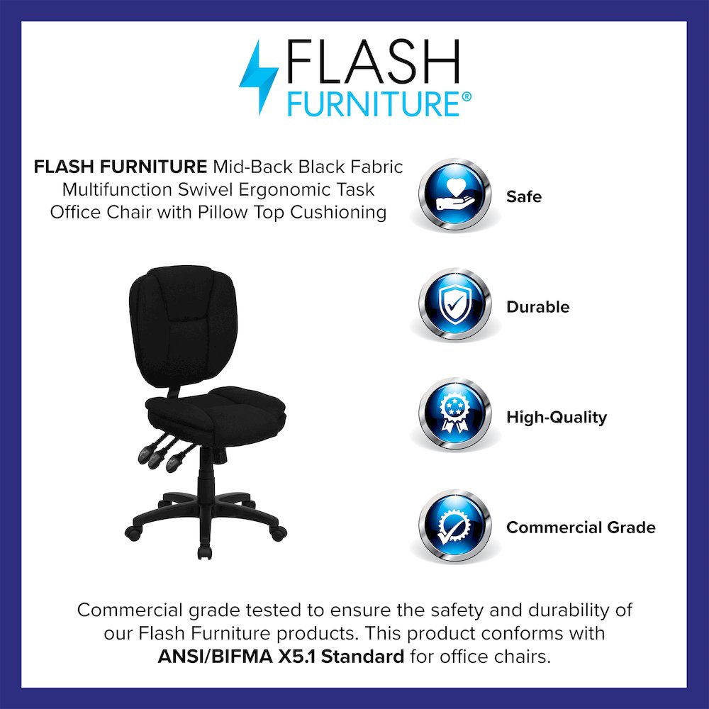 Mid-Back Black Fabric Multifunction Swivel Task Office Chair