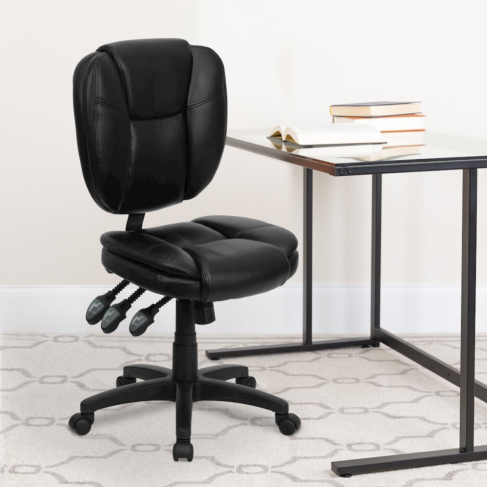 Mid-Back Black Multifunction Swivel Task Office Chair with Pillow Top Cushioning