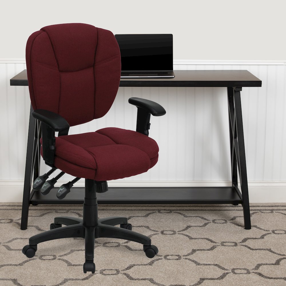 Mid-Back Burgundy Fabric Multifunction Swivel Task Office Chair and Arms