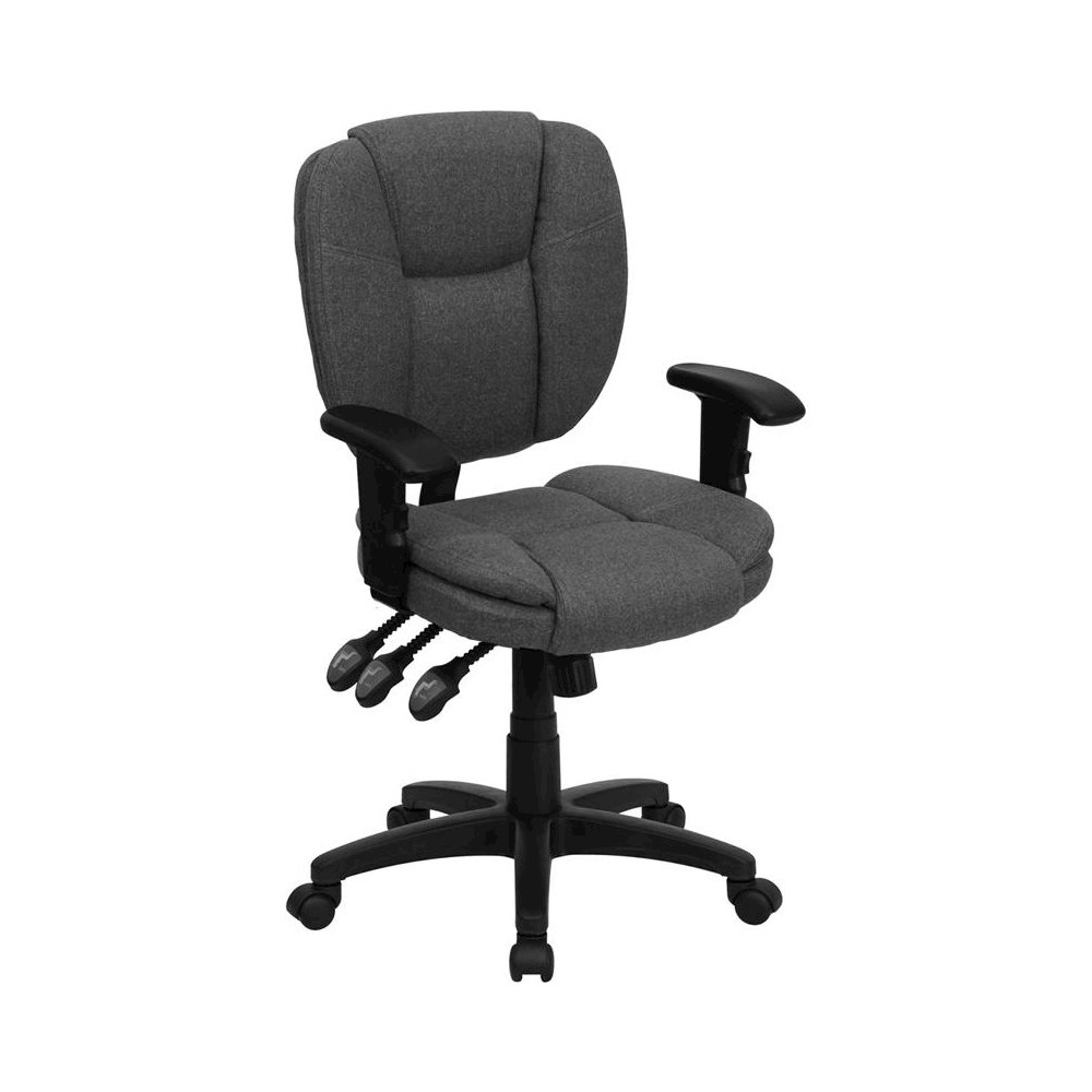 Mid-Back Gray Fabric Multifunction Swivel Task Office Chair and Arms