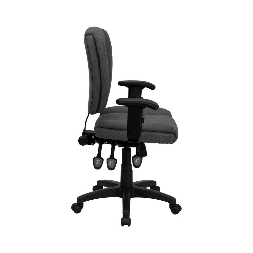 Mid-Back Gray Fabric Multifunction Swivel Task Office Chair and Arms