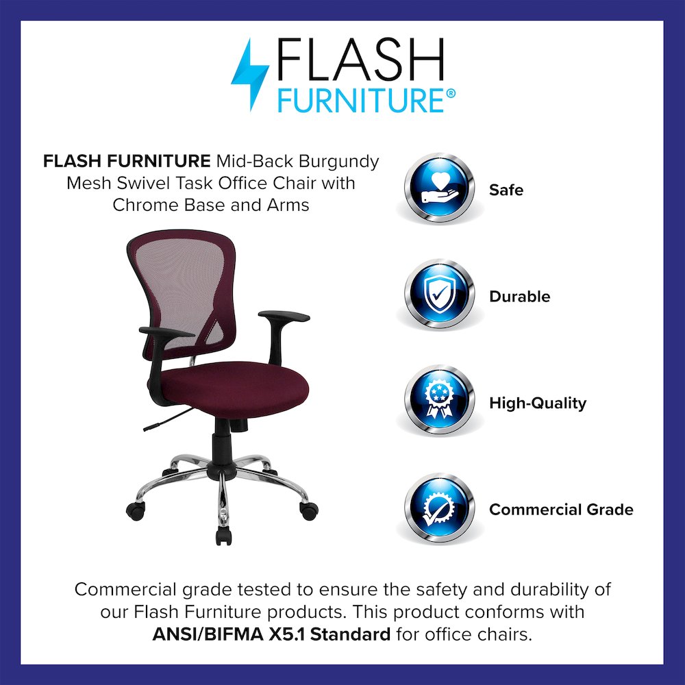 Mid-Back Burgundy Mesh Swivel Task Office Chair with Chrome Base and Arms