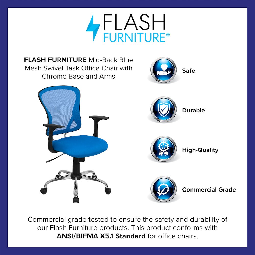 Mid-Back Blue Mesh Swivel Task Office Chair with Chrome Base and Arms