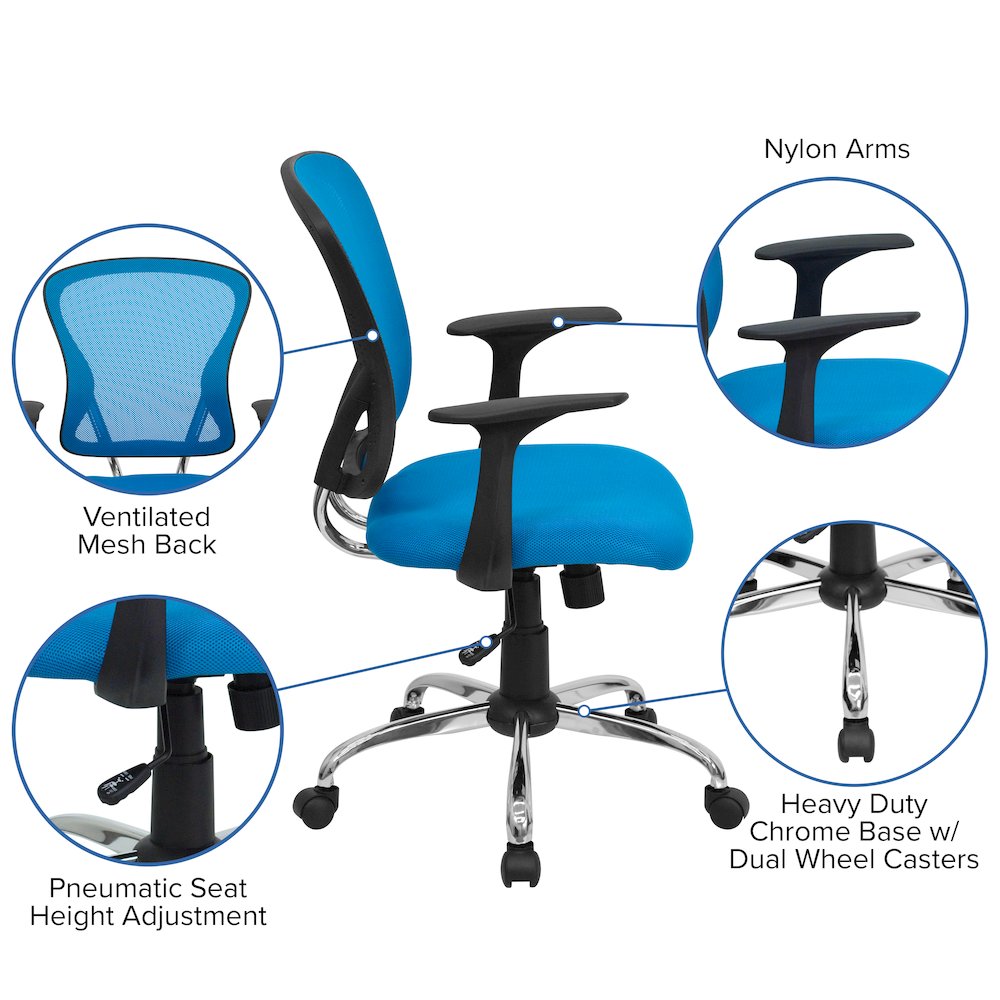 Mid-Back Blue Mesh Swivel Task Office Chair with Chrome Base and Arms