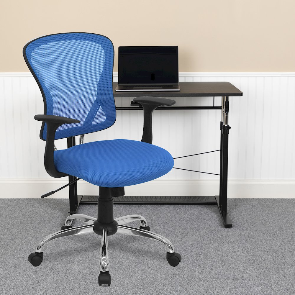 Mid-Back Blue Mesh Swivel Task Office Chair with Chrome Base and Arms