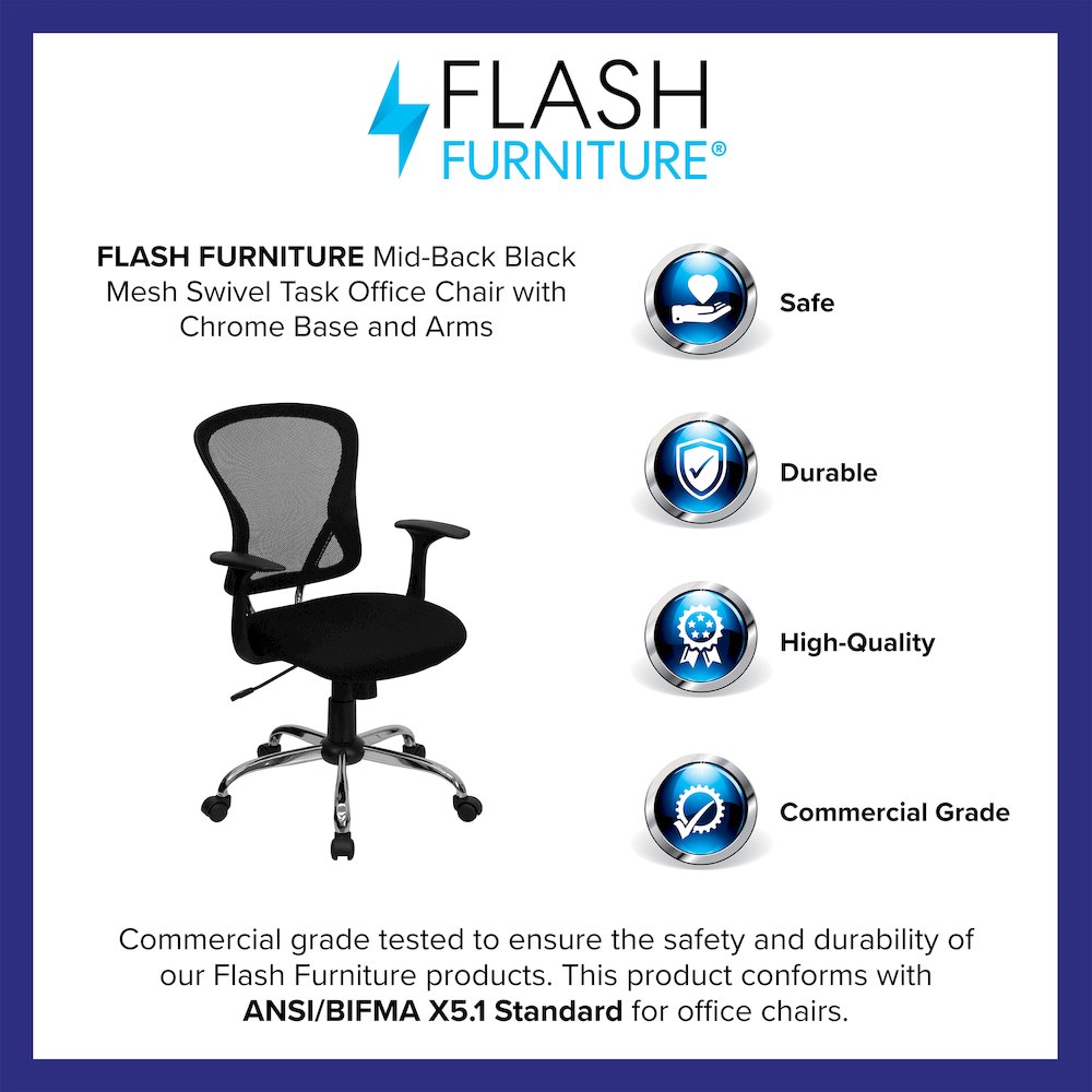 Mid-Back Black Mesh Swivel Task Office Chair with Chrome Base and Arms