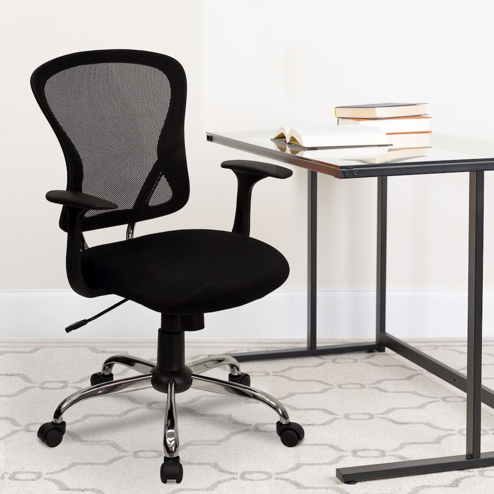 Mid-Back Black Mesh Swivel Task Office Chair with Chrome Base and Arms