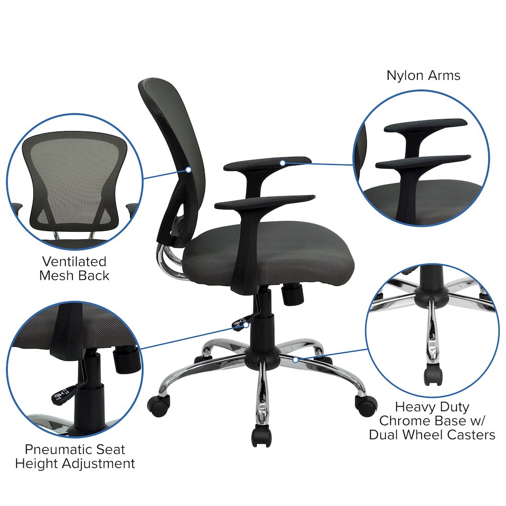Mid-Back Dark Gray Mesh Swivel Task Office Chair with Chrome Base and Arms