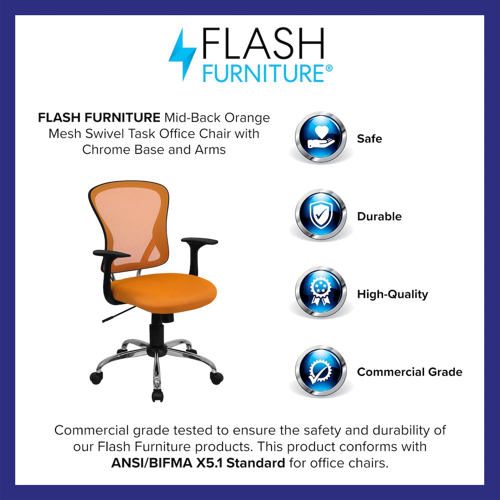 Mid-Back Orange Mesh Swivel Task Office Chair with Chrome Base and Arms