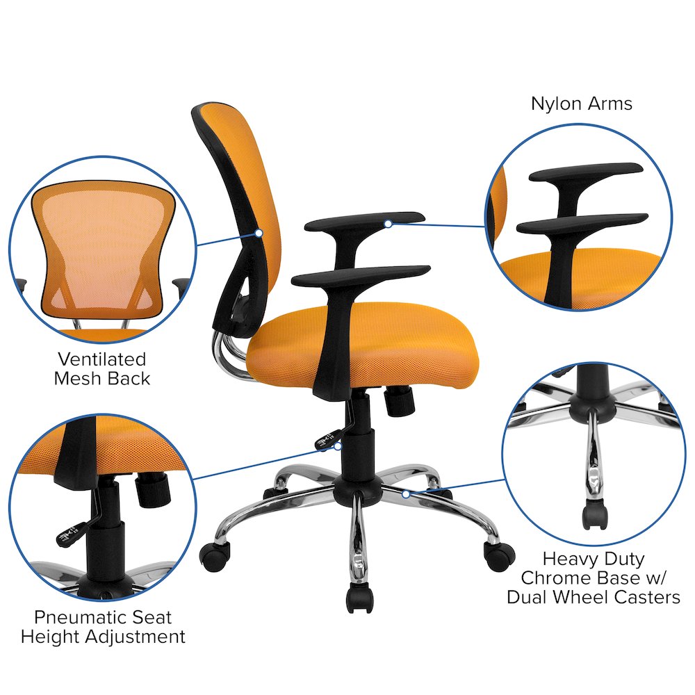Mid-Back Orange Mesh Swivel Task Office Chair with Chrome Base and Arms