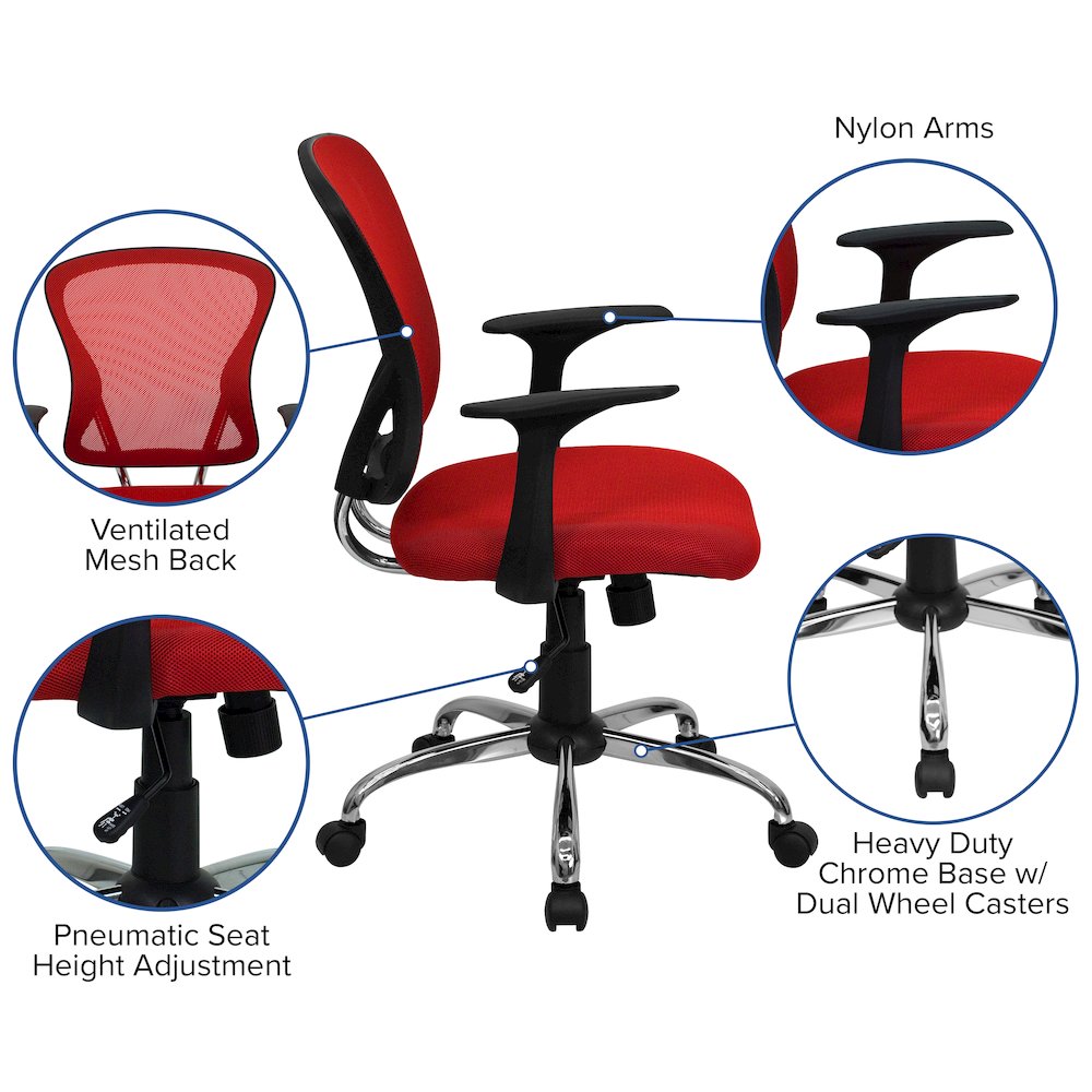 Mid-Back Red Mesh Swivel Task Office Chair with Chrome Base and Arms