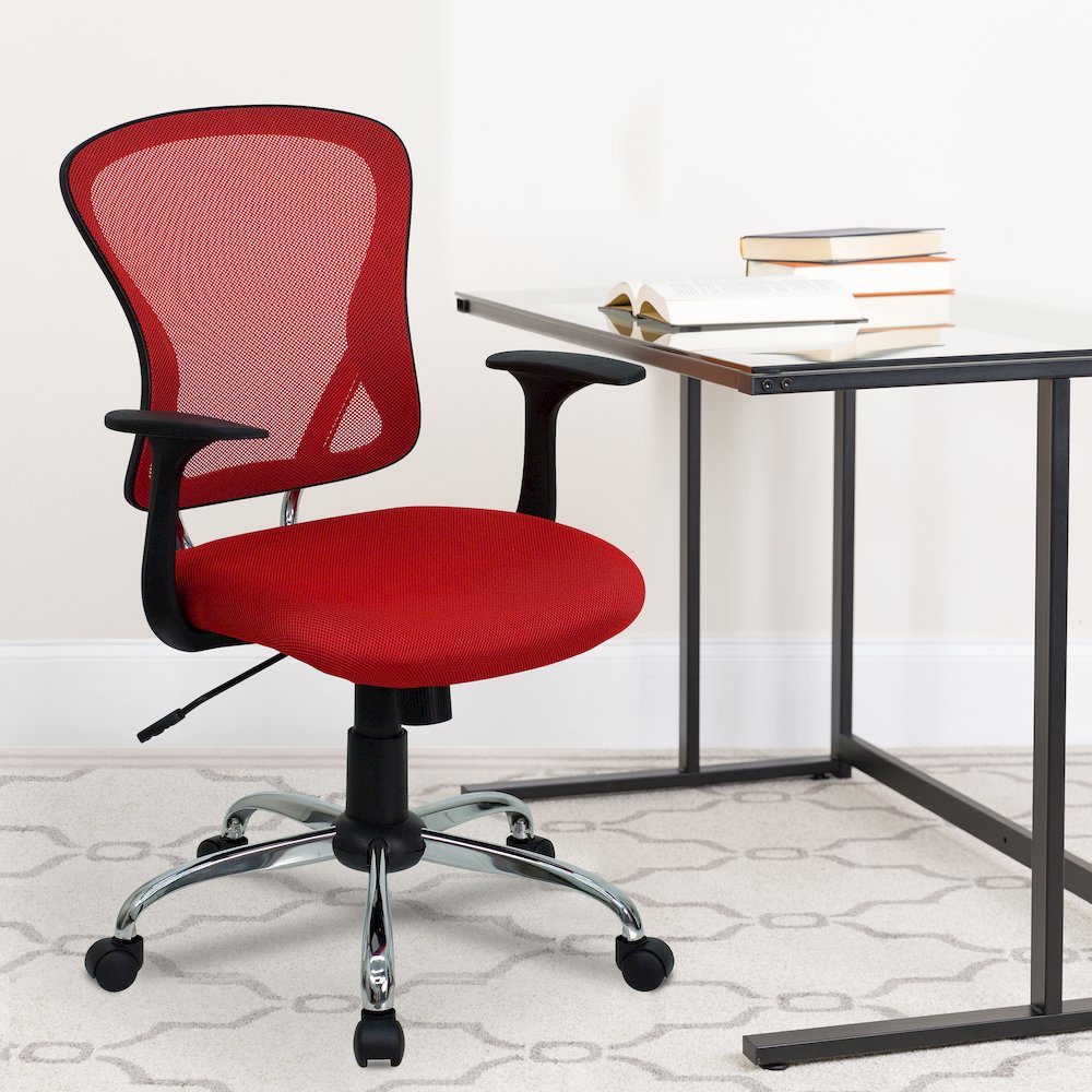 Mid-Back Red Mesh Swivel Task Office Chair with Chrome Base and Arms