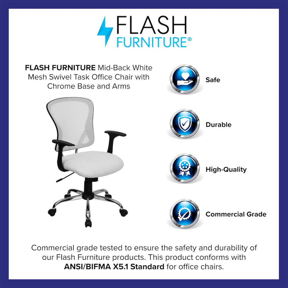 Mid-Back White Mesh Swivel Task Office Chair with Chrome Base and Arms