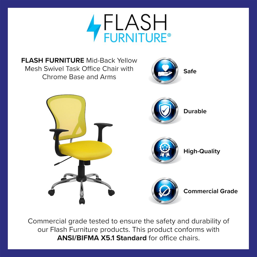 Mid-Back Yellow Mesh Swivel Task Office Chair with Chrome Base and Arms