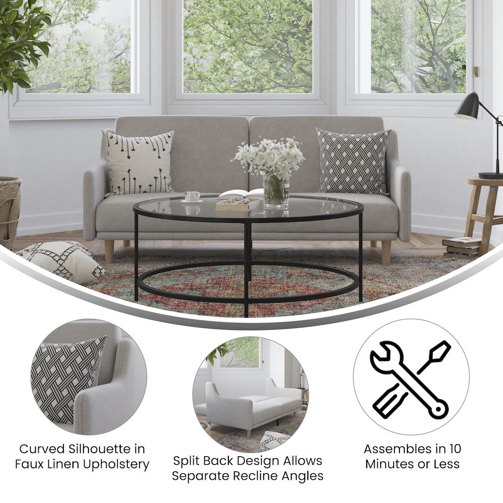 Split Back Sofa Futon – Gray Faux Linen Upholstery