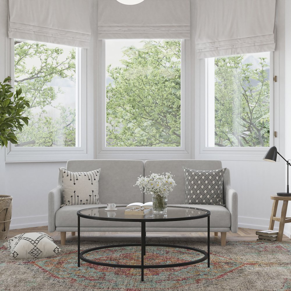 Split Back Sofa Futon – Gray Faux Linen Upholstery