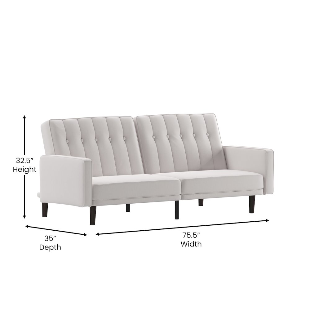Sofa Futon in Stone Faux Linen Upholstery with Solid Wooden Legs