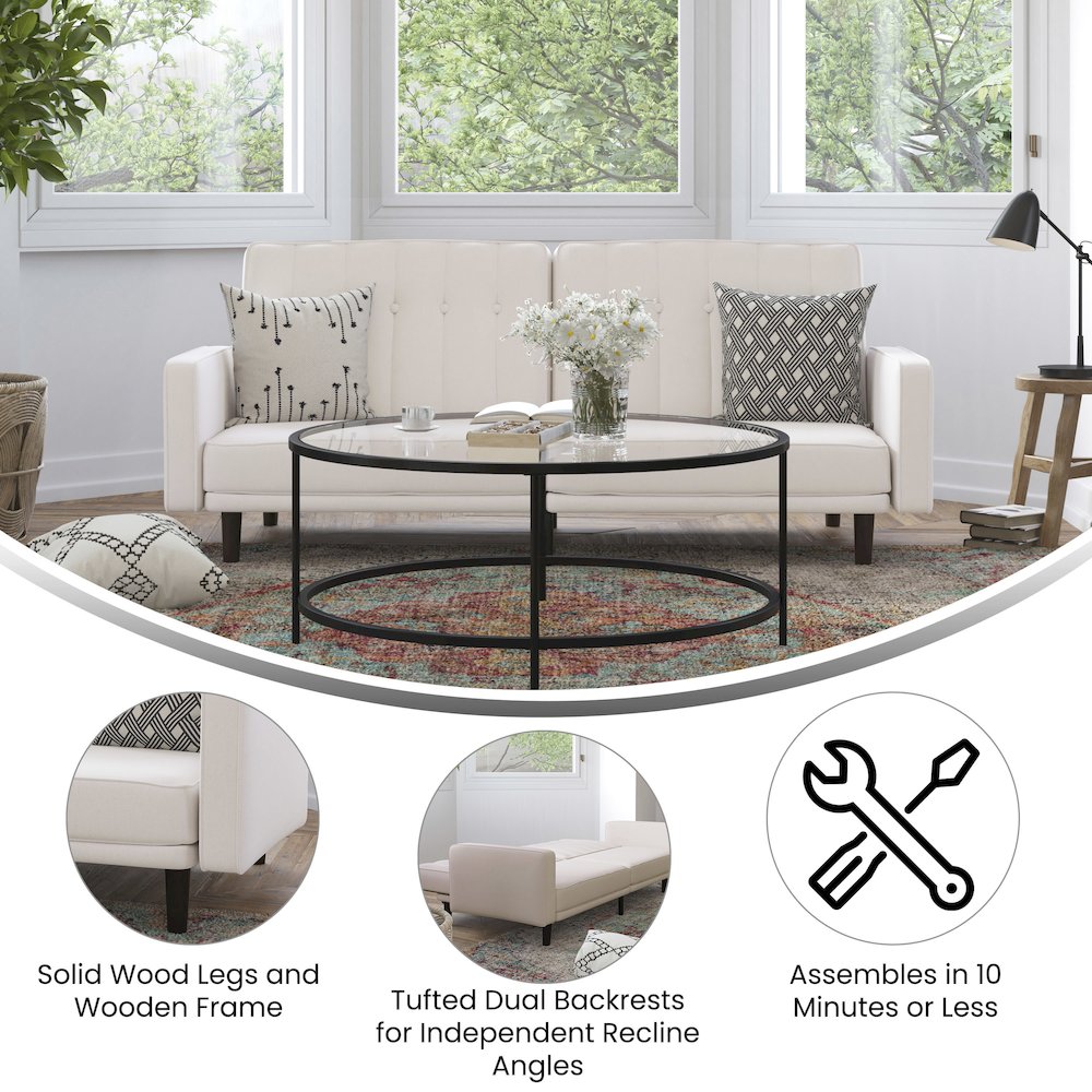 Sofa Futon in Stone Faux Linen Upholstery with Solid Wooden Legs