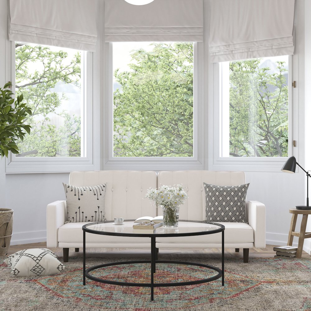 Sofa Futon in Stone Faux Linen Upholstery with Solid Wooden Legs