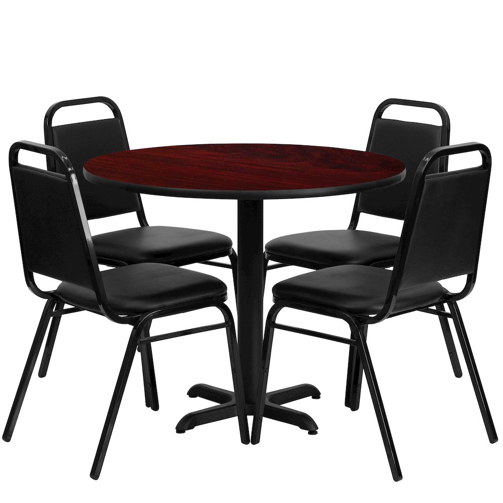 36” Mahogany Table Set with X-Base and 4 Black Trapezoidal Back Banquet Chairs