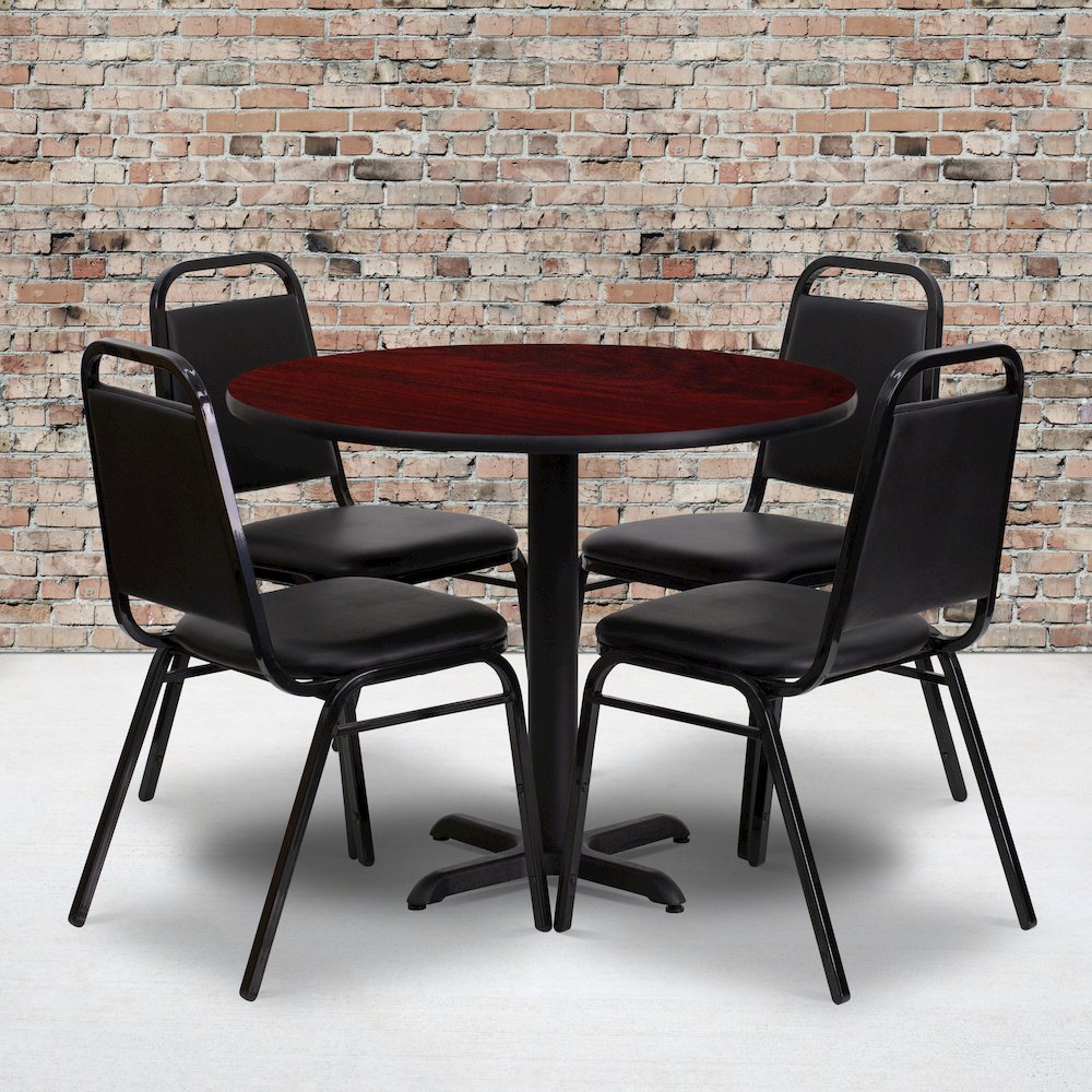 36” Mahogany Table Set with X-Base and 4 Black Trapezoidal Back Banquet Chairs