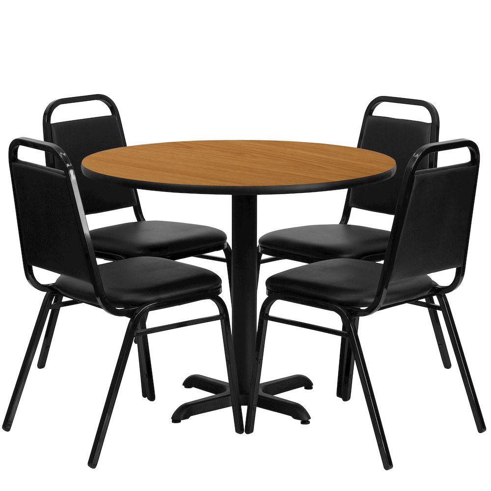 36” Natural Table Set with X-Base and 4 Black Trapezoidal Back Banquet Chairs