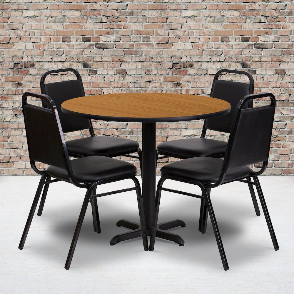36” Natural Table Set with X-Base and 4 Black Trapezoidal Back Banquet Chairs