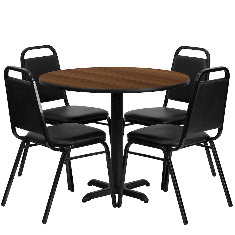36” Walnut Table Set with X-Base and 4 Black Trapezoidal Back Banquet Chairs