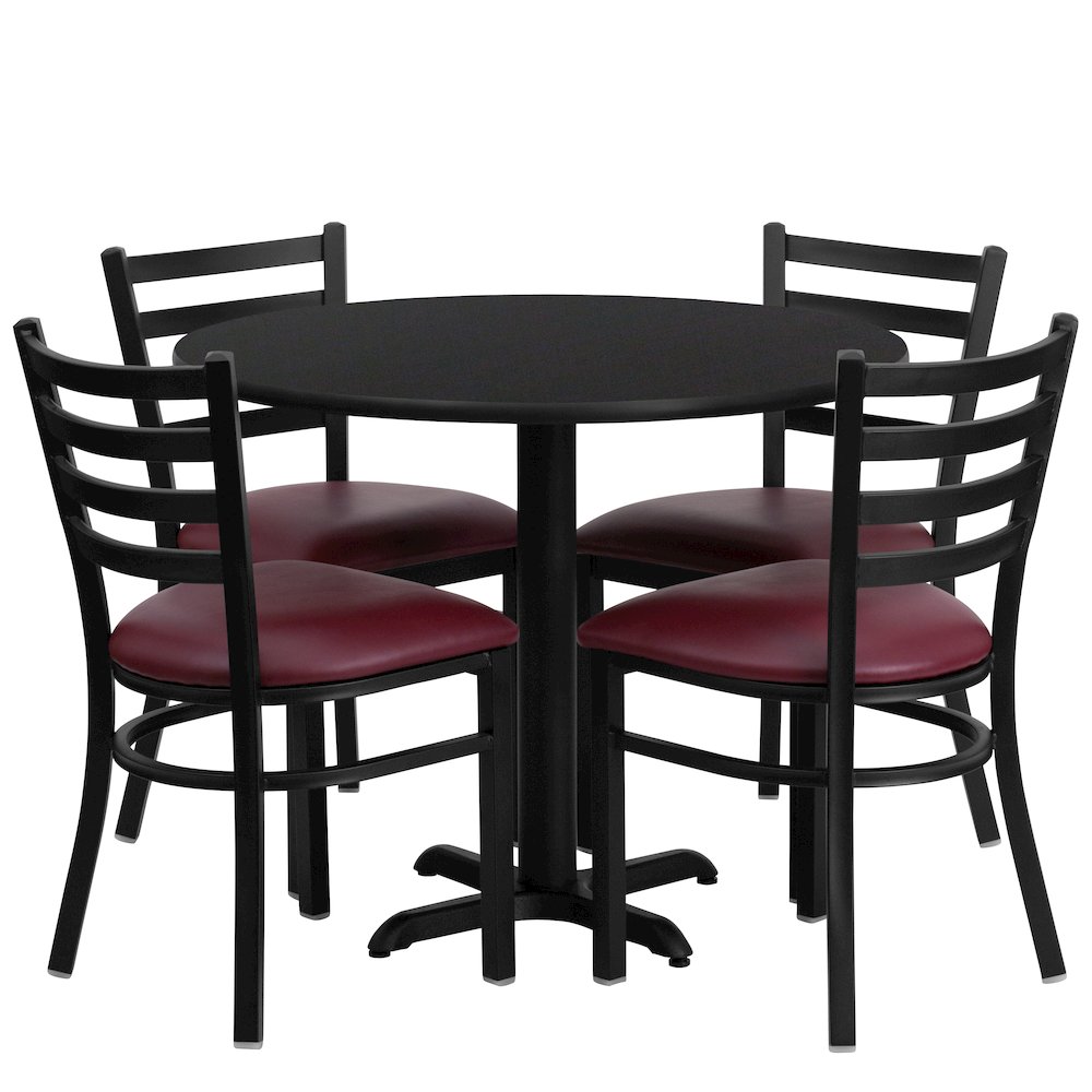 36” Black Table Set with X-Base and 4 Metal Chairs – Burgundy Vinyl Seat