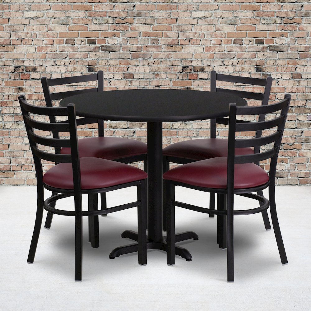 36” Black Table Set with X-Base and 4 Metal Chairs – Burgundy Vinyl Seat
