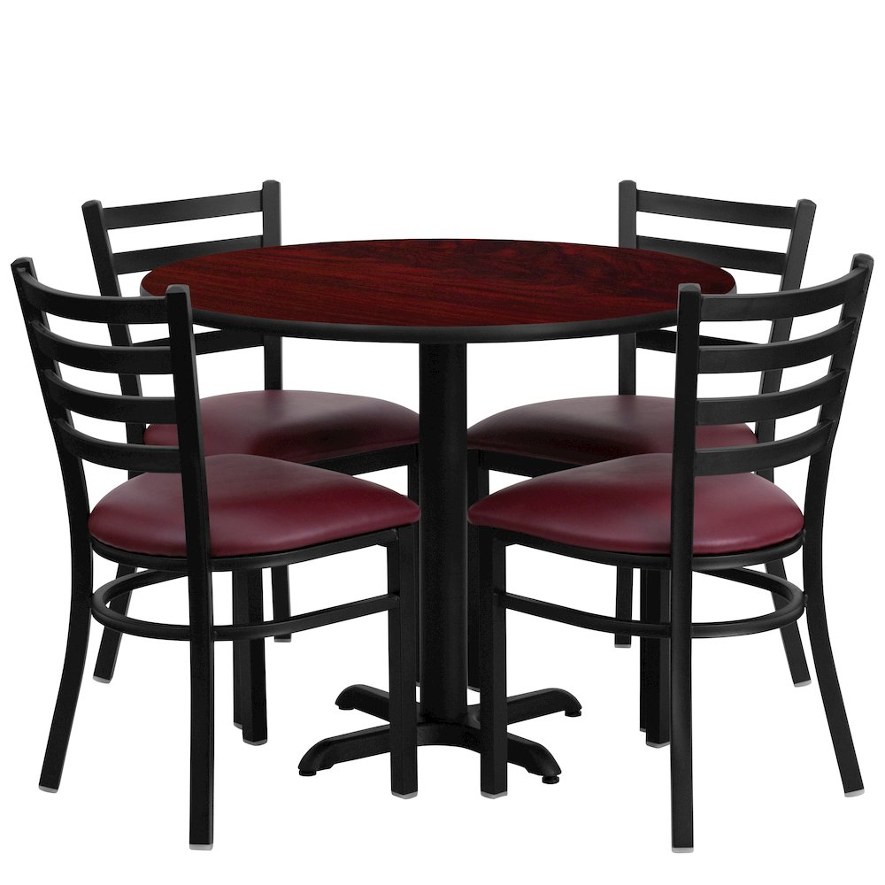 36” Mahogany Table Set with X-Base and 4 Metal Chairs – Burgundy Vinyl Seat