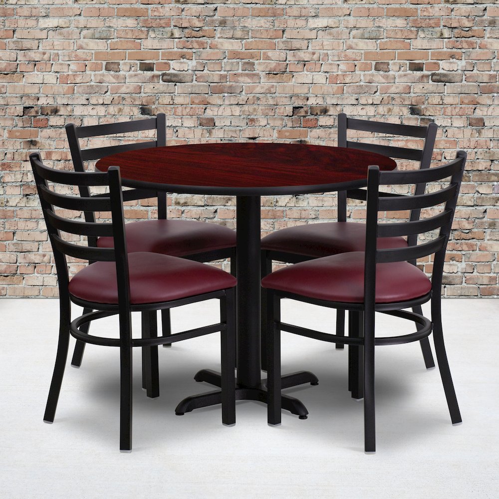 36” Mahogany Table Set with X-Base and 4 Metal Chairs – Burgundy Vinyl Seat