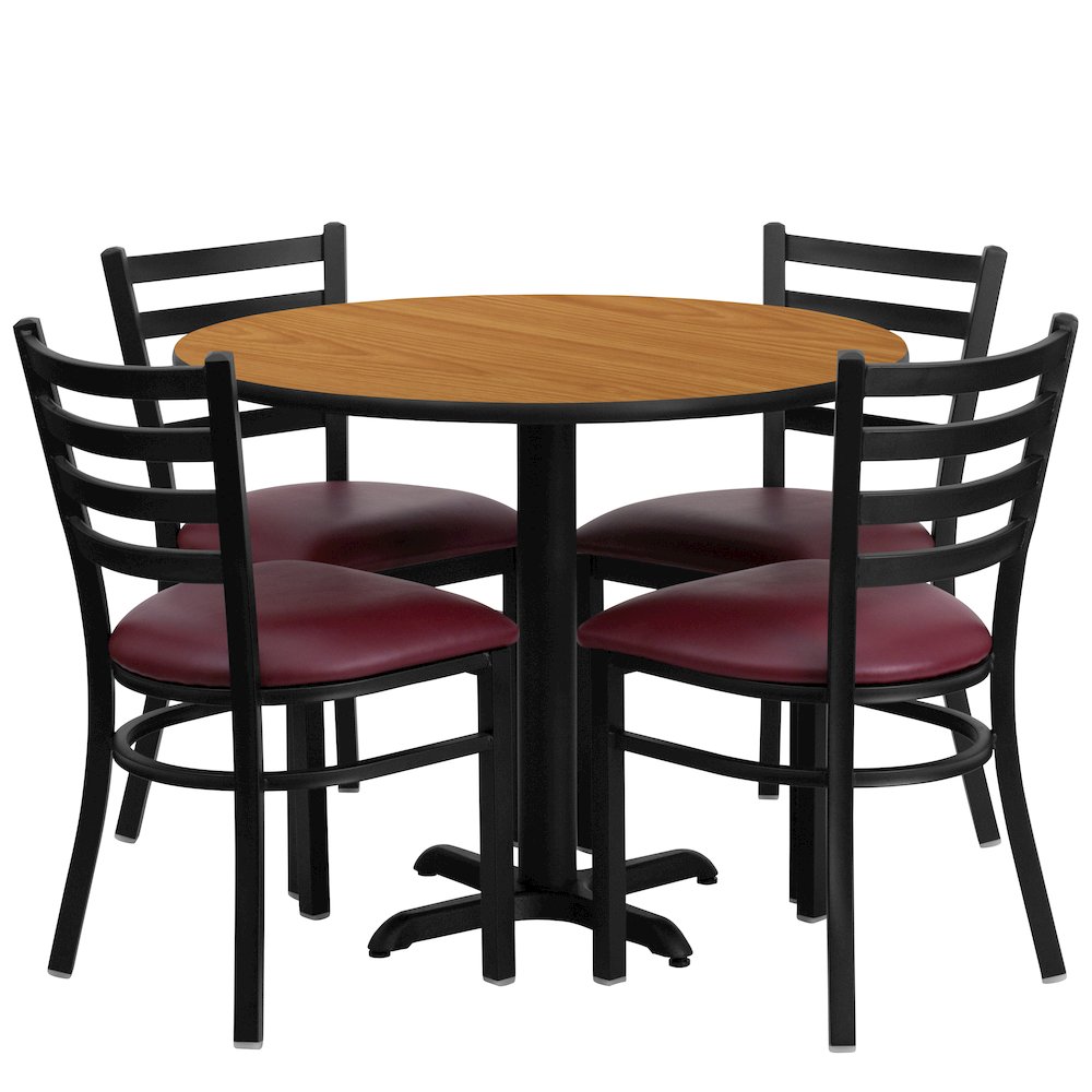 36” Natural Table Set with X-Base and 4 Metal Chairs – Burgundy Vinyl Seat