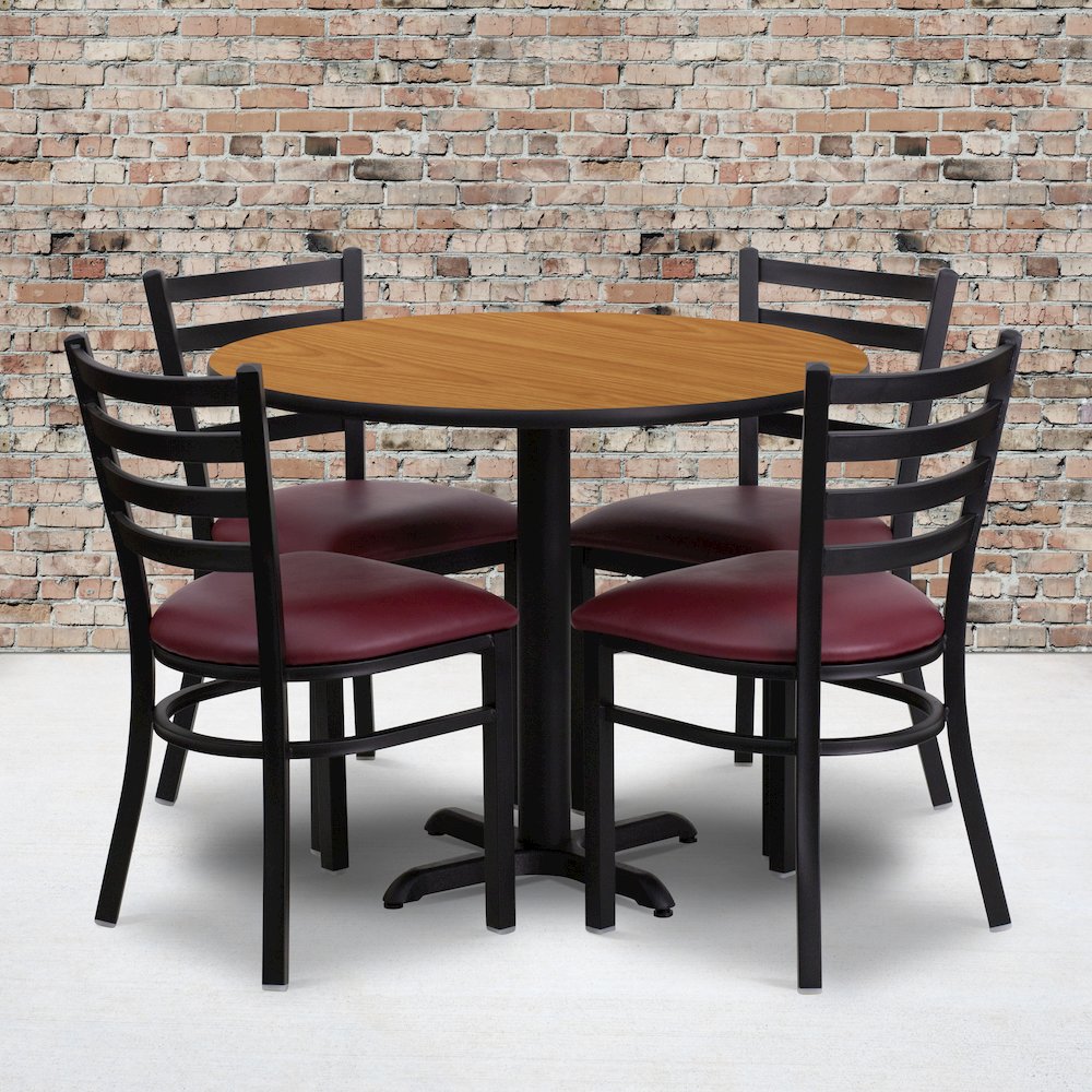 36” Natural Table Set with X-Base and 4 Metal Chairs – Burgundy Vinyl Seat