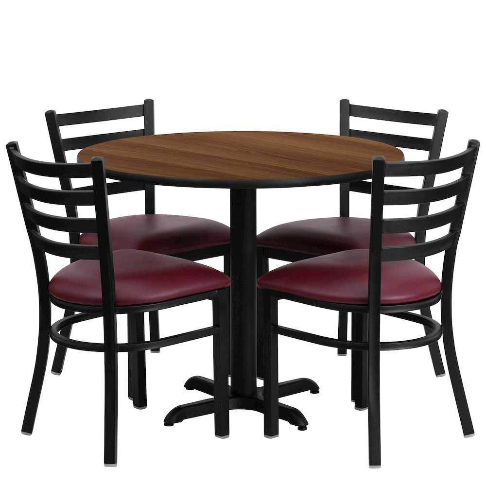 36” Walnut Table Set with X-Base and 4 Metal Chairs – Burgundy Vinyl Seat